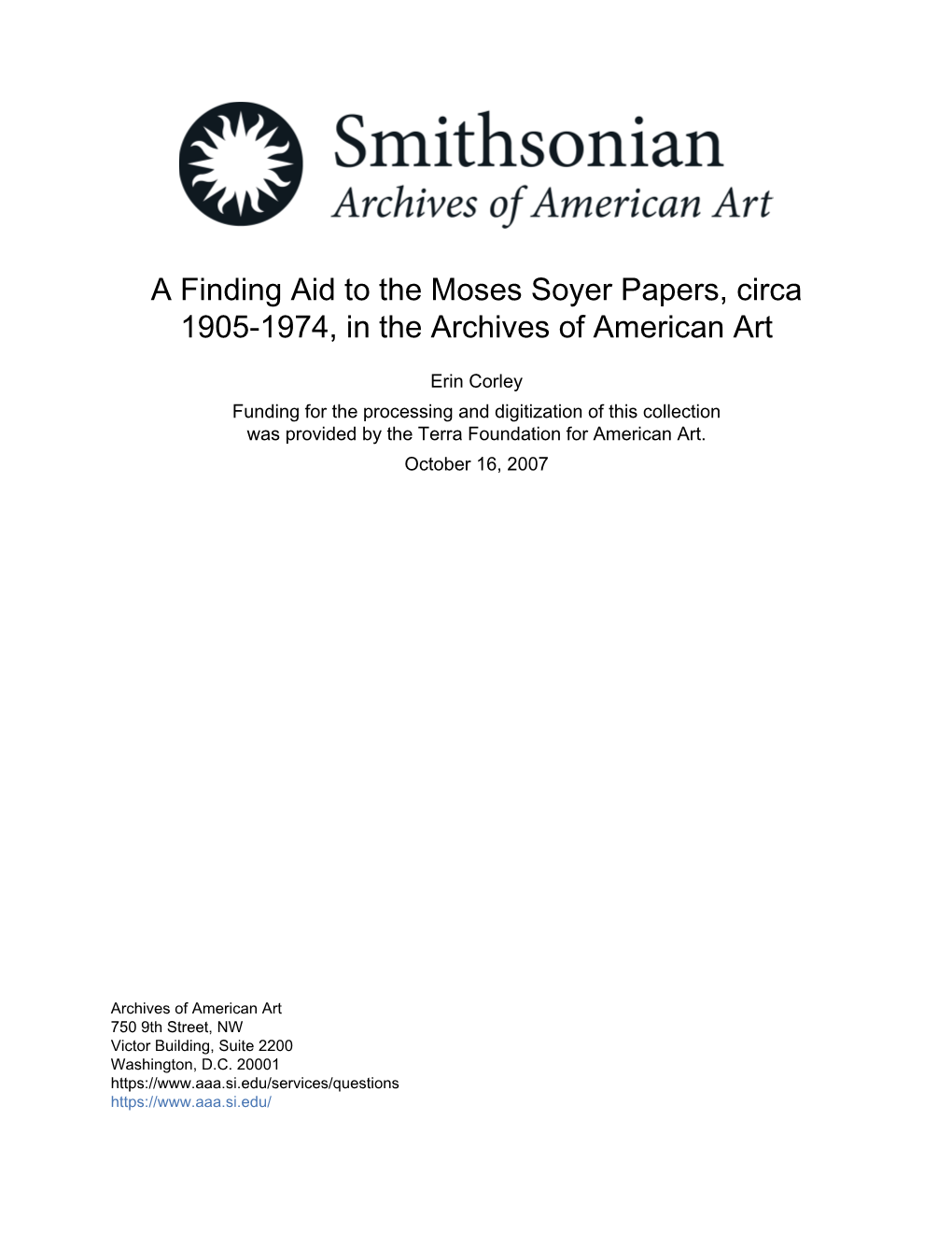 A Finding Aid to the Moses Soyer Papers, Circa 1905-1974, in the Archives of American Art