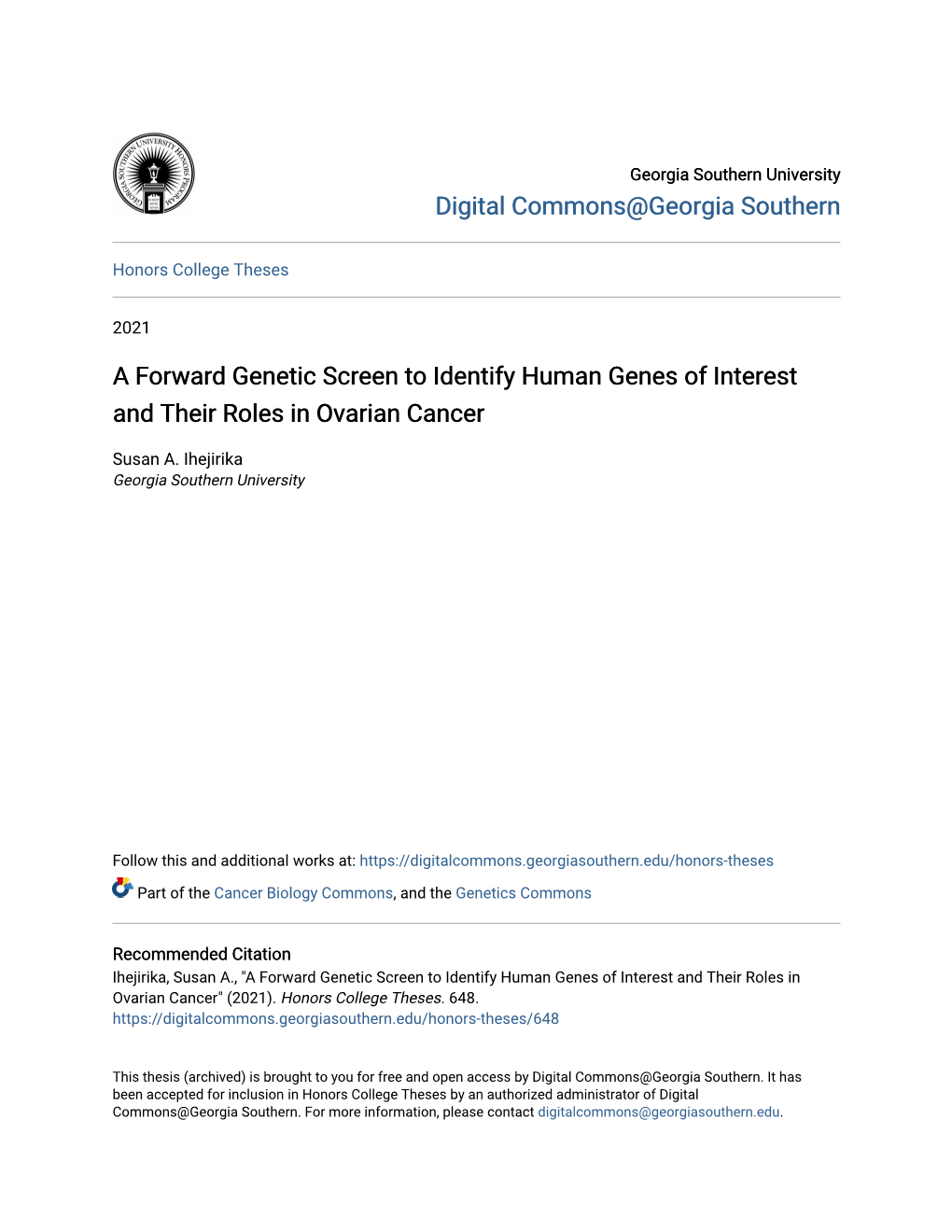 A Forward Genetic Screen to Identify Human Genes of Interest and Their Roles in Ovarian Cancer