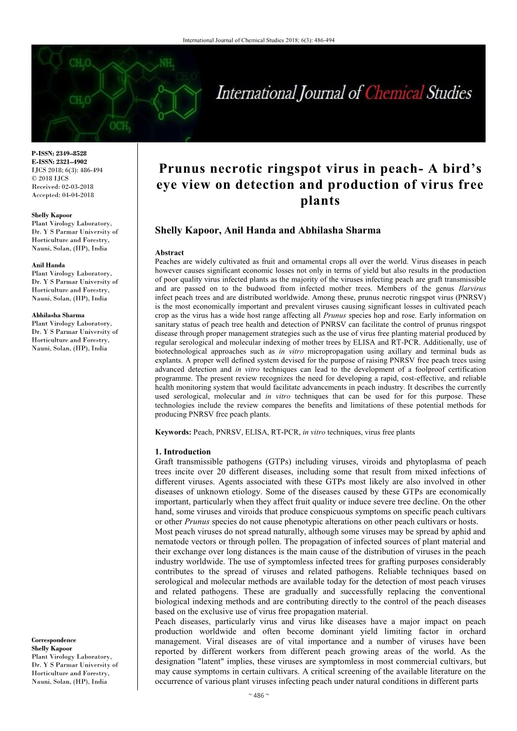 Prunus Necrotic Ringspot Virus in Peach