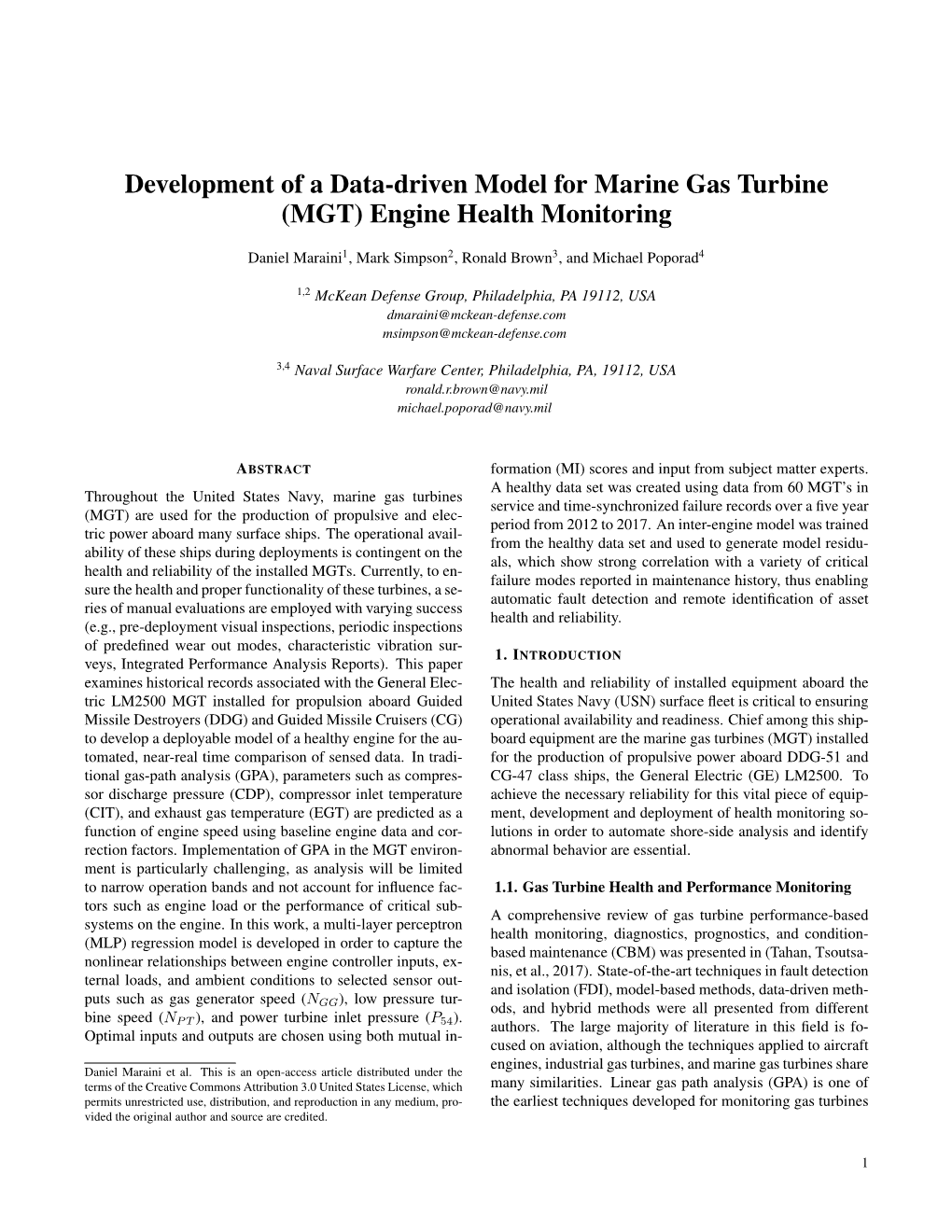 Development of a Data-Driven Model for Marine Gas Turbine (MGT) Engine Health Monitoring