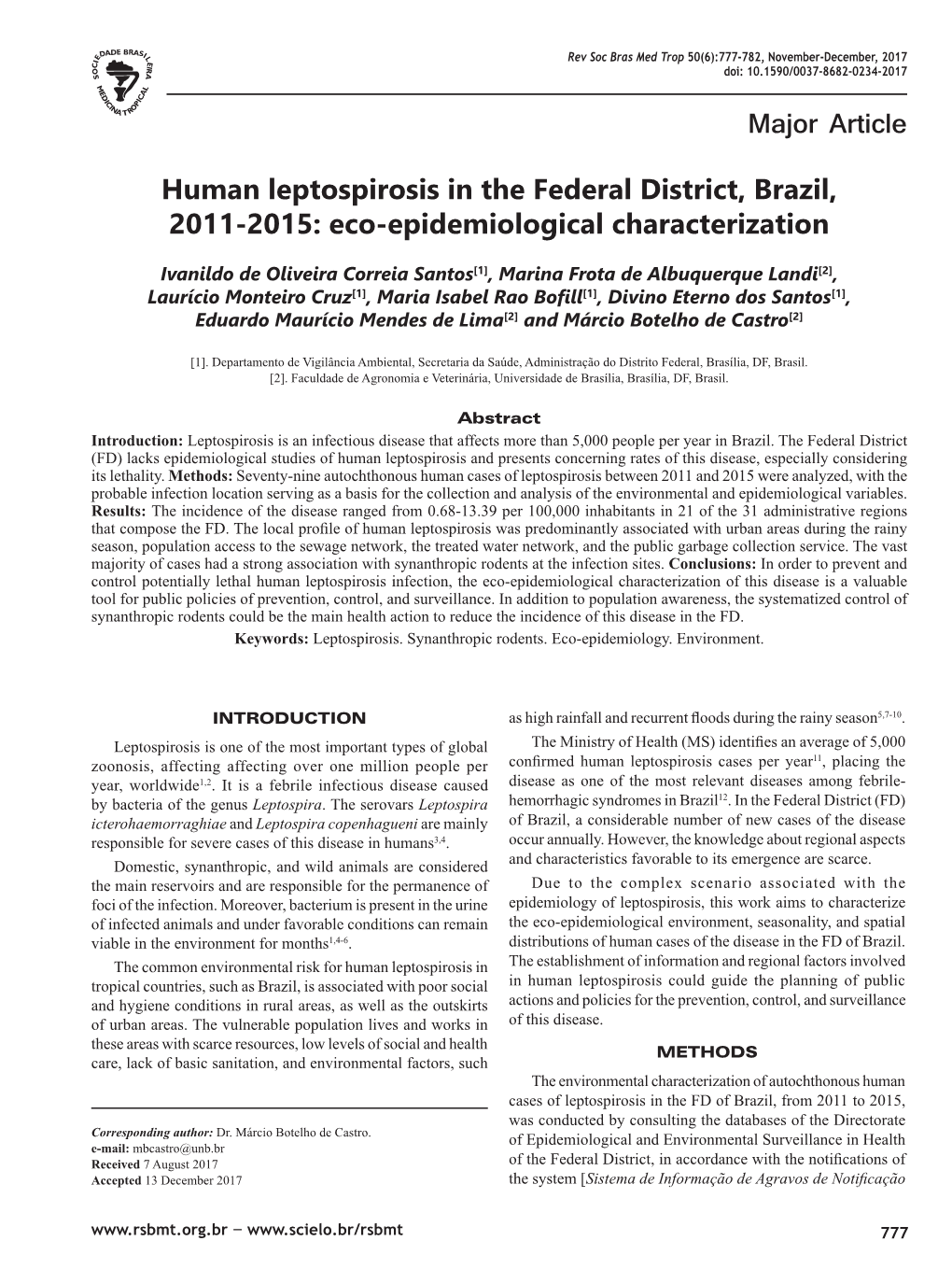 Human Leptospirosis in the Federal District, Brazil, 2011-2015: Eco-Epidemiological Characterization