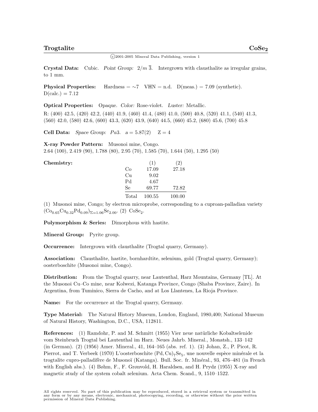 Trogtalite Cose2 C 2001-2005 Mineral Data Publishing, Version 1