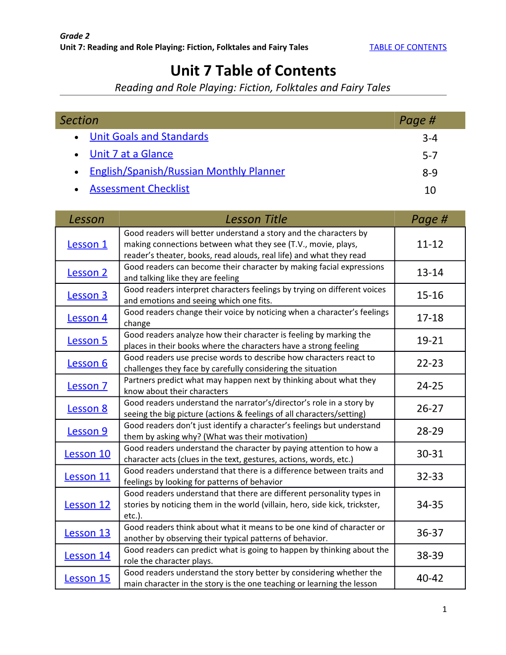 Unit 7: Reading and Role Playing: Fiction, Folktales and Fairy Tales TABLE of CONTENTS