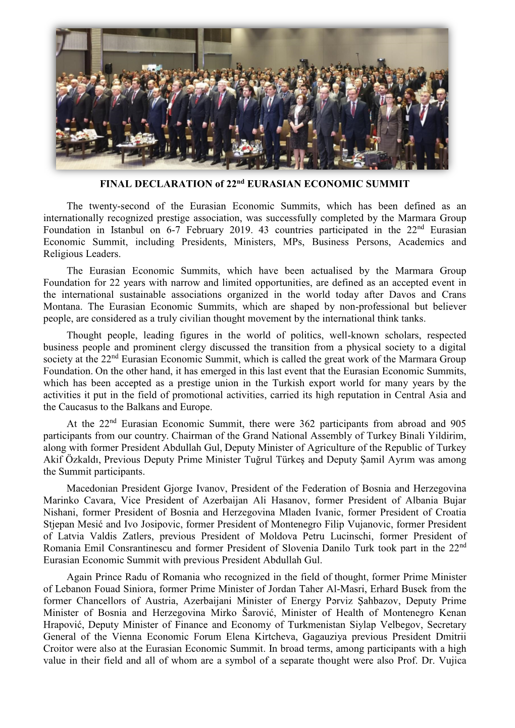 FINAL DECLARATION of 22Nd EURASIAN ECONOMIC SUMMIT