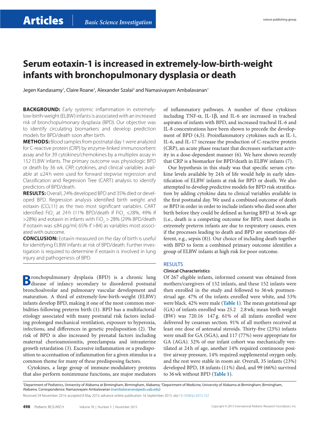 Serum Eotaxin-1 Is Increased in Extremely-Low-Birth-Weight Infants with Bronchopulmonary Dysplasia Or Death