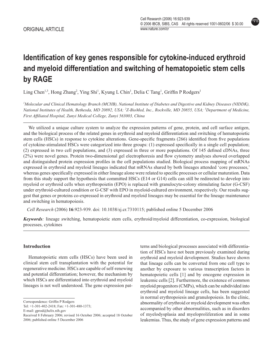 Identification of Key Genes Responsible for Cytokine-Induced Erythroid and Myeloid Differentiation and Switching of Hematopoietic Stem Cells by RAGE