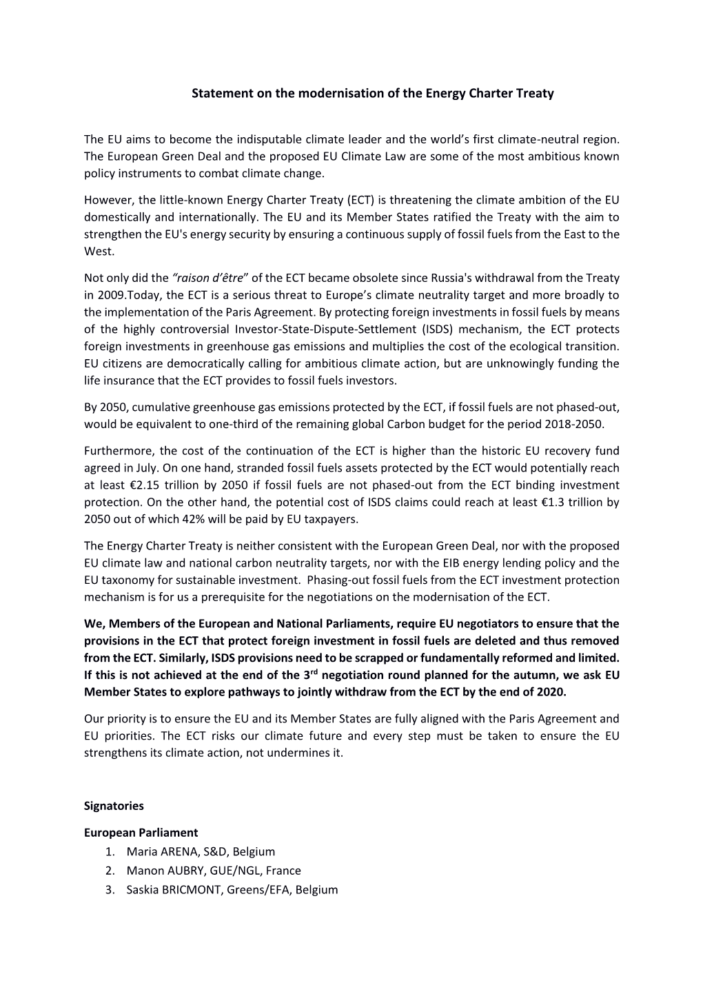 Statement on the Modernisation of the Energy Charter Treaty