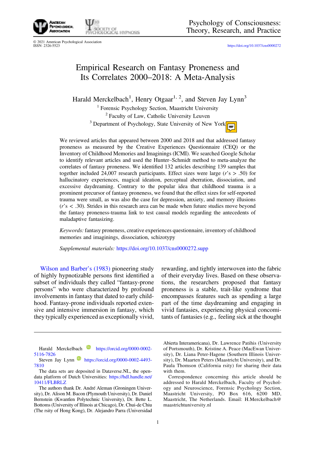 Empirical Research on Fantasy Proneness and Its Correlates 2000–2018: a Meta-Analysis