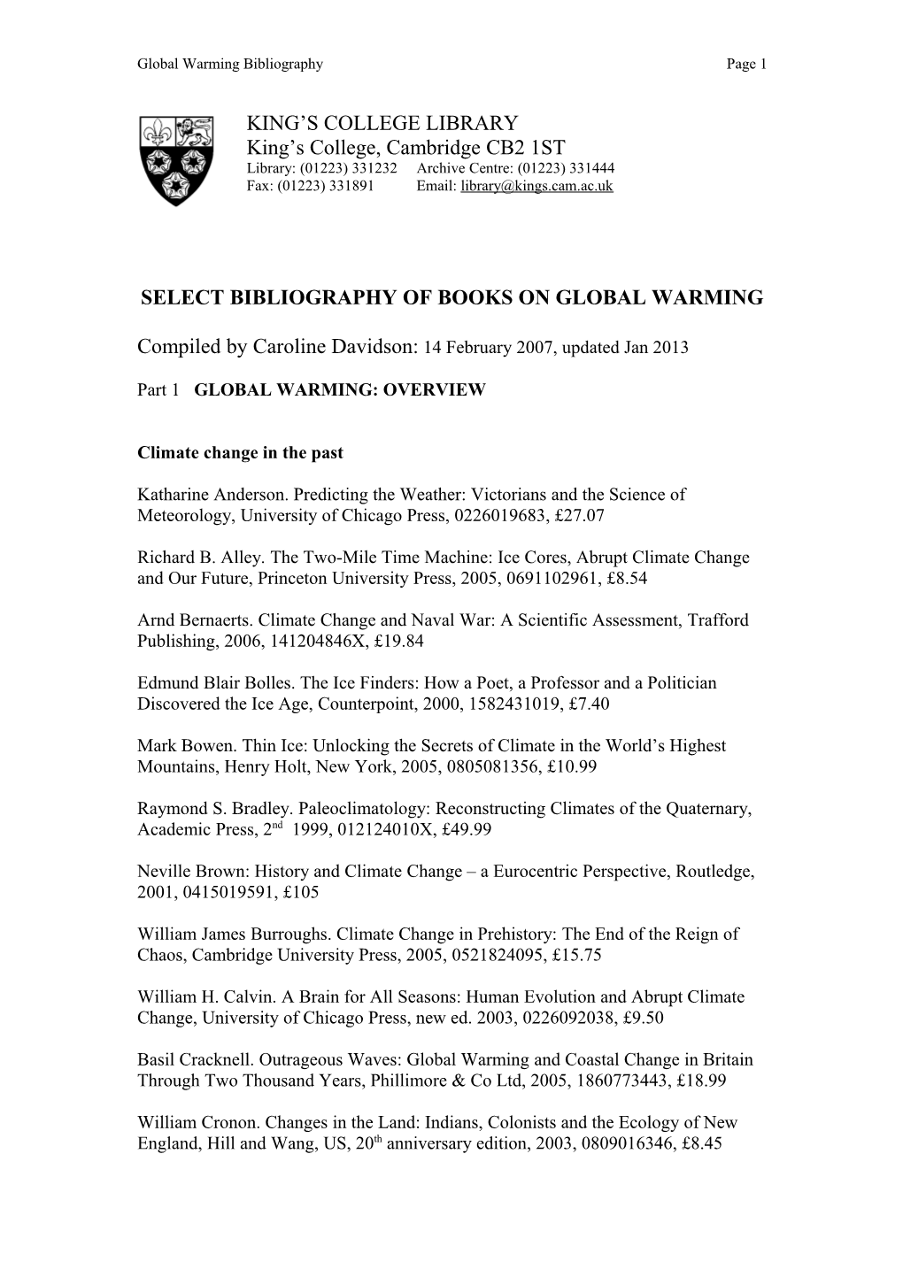 Organisation Of King’S Bibliography Of Books On Global Warming