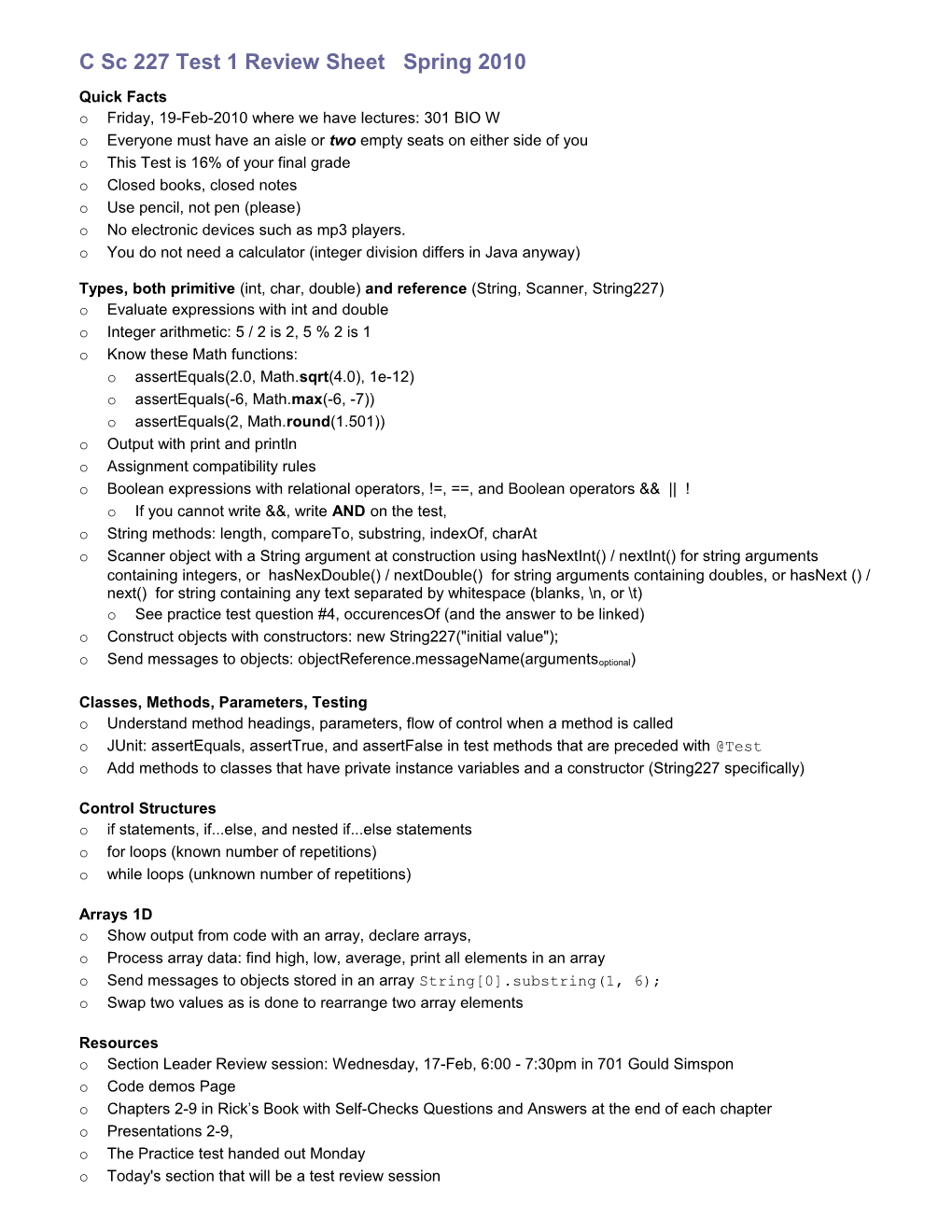 C Sc 227 Test 1 Review Sheet