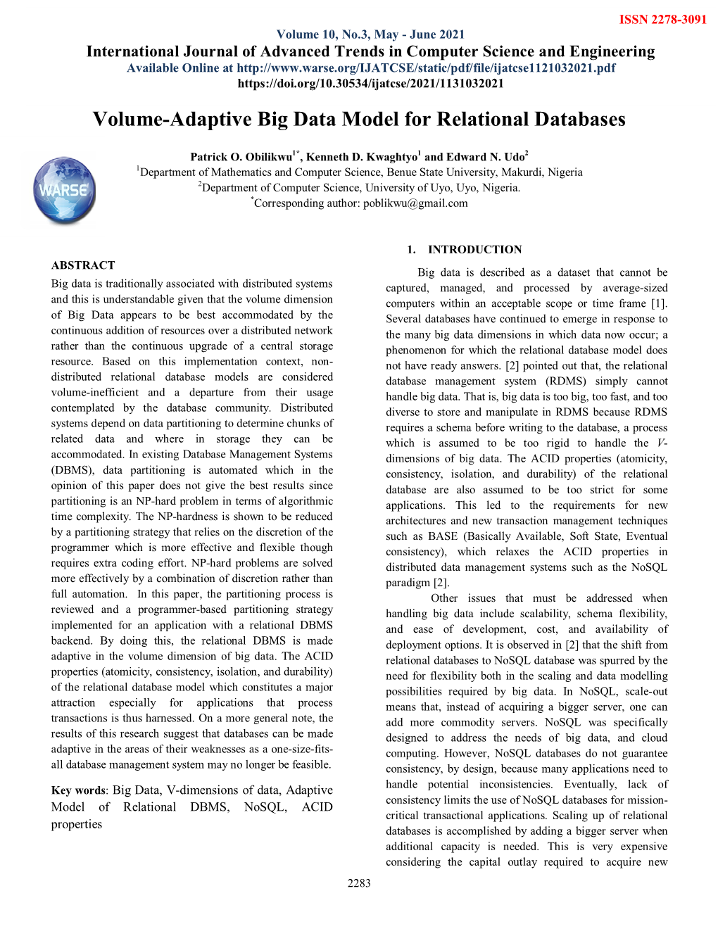 Volume-Adaptive Big Data Model for Relational Databases