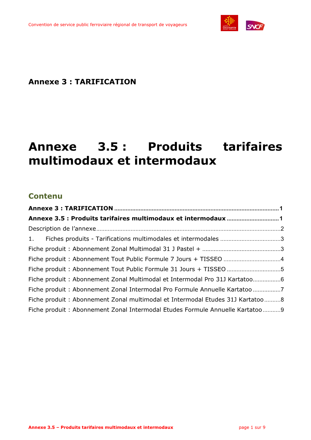 Annexe 3.5 : Produits Tarifaires Multimodaux Et Intermodaux