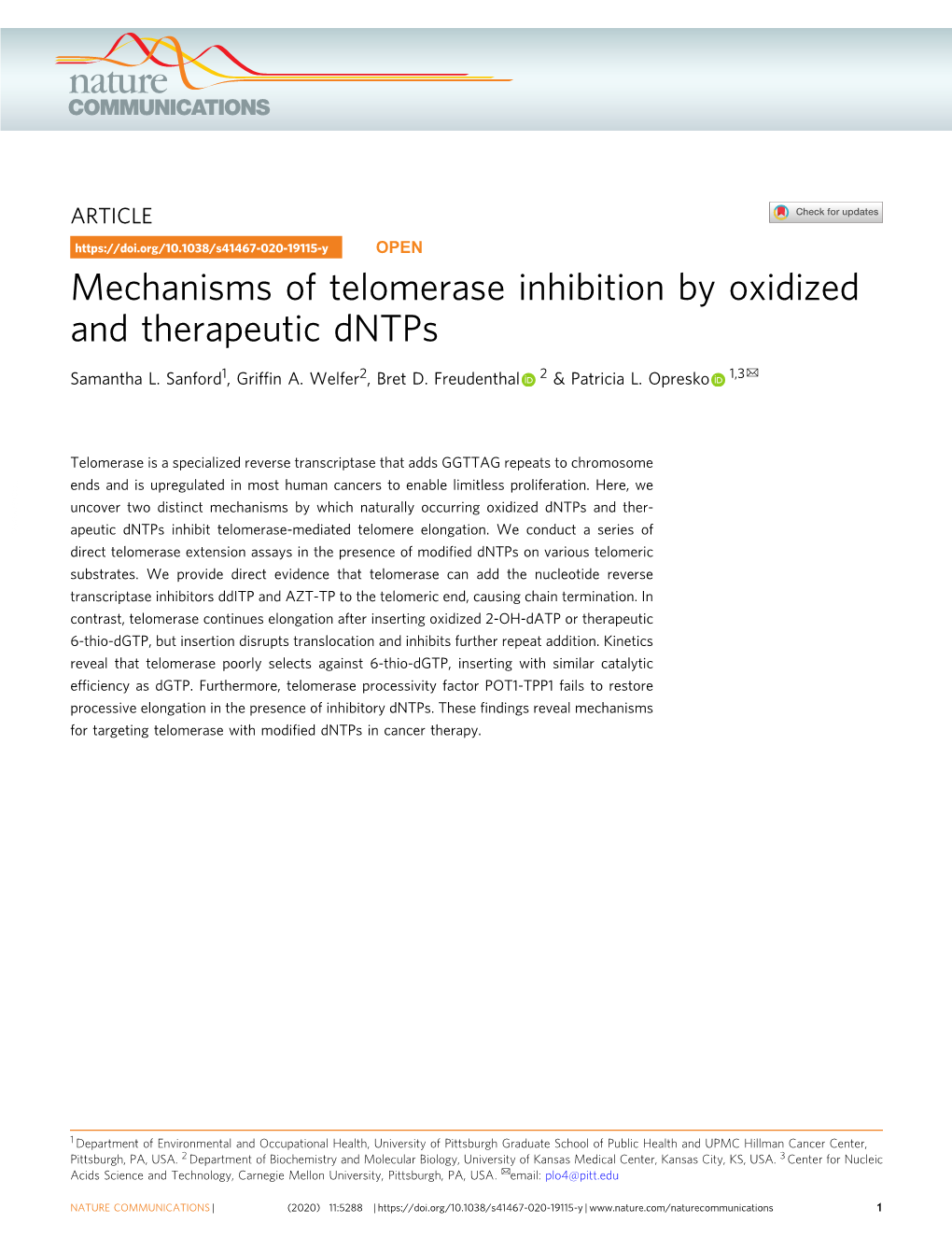 Mechanisms of Telomerase Inhibition by Oxidized and Therapeutic Dntps ✉ Samantha L