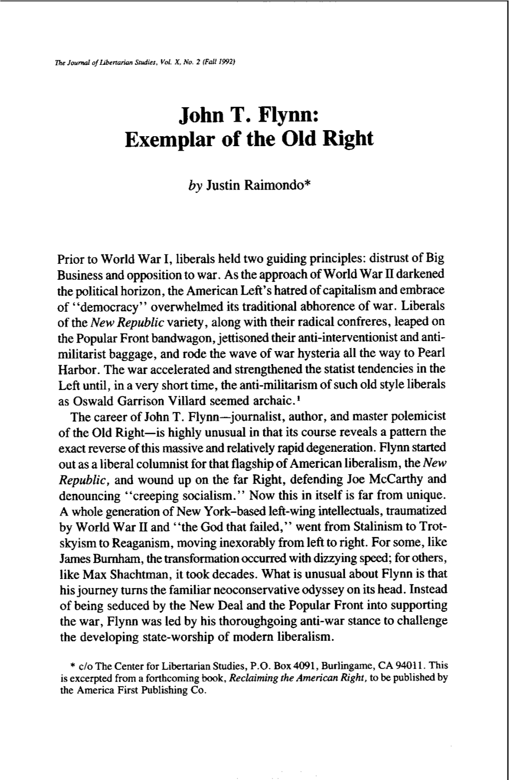 John T. Flynn: Exemplar of the Old Right