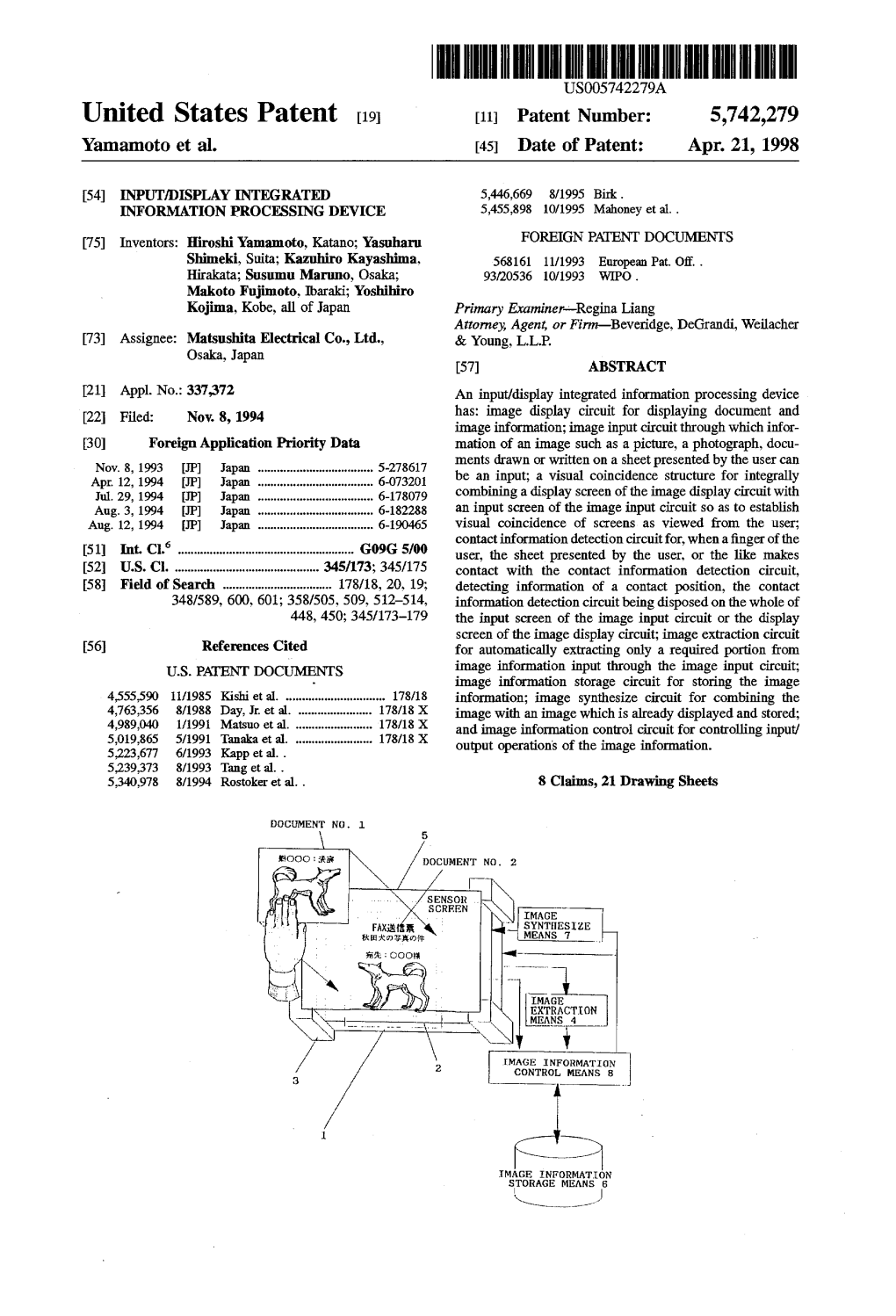 United States Patent 1191 [11] Patent Number: 5,742,279 Yamamoto Et Al