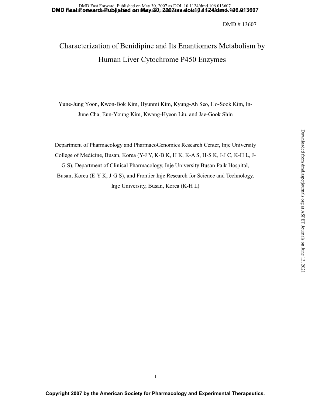 Characterization of Benidipine and Its Enantiomers Metabolism by Human Liver Cytochrome P450 Enzymes