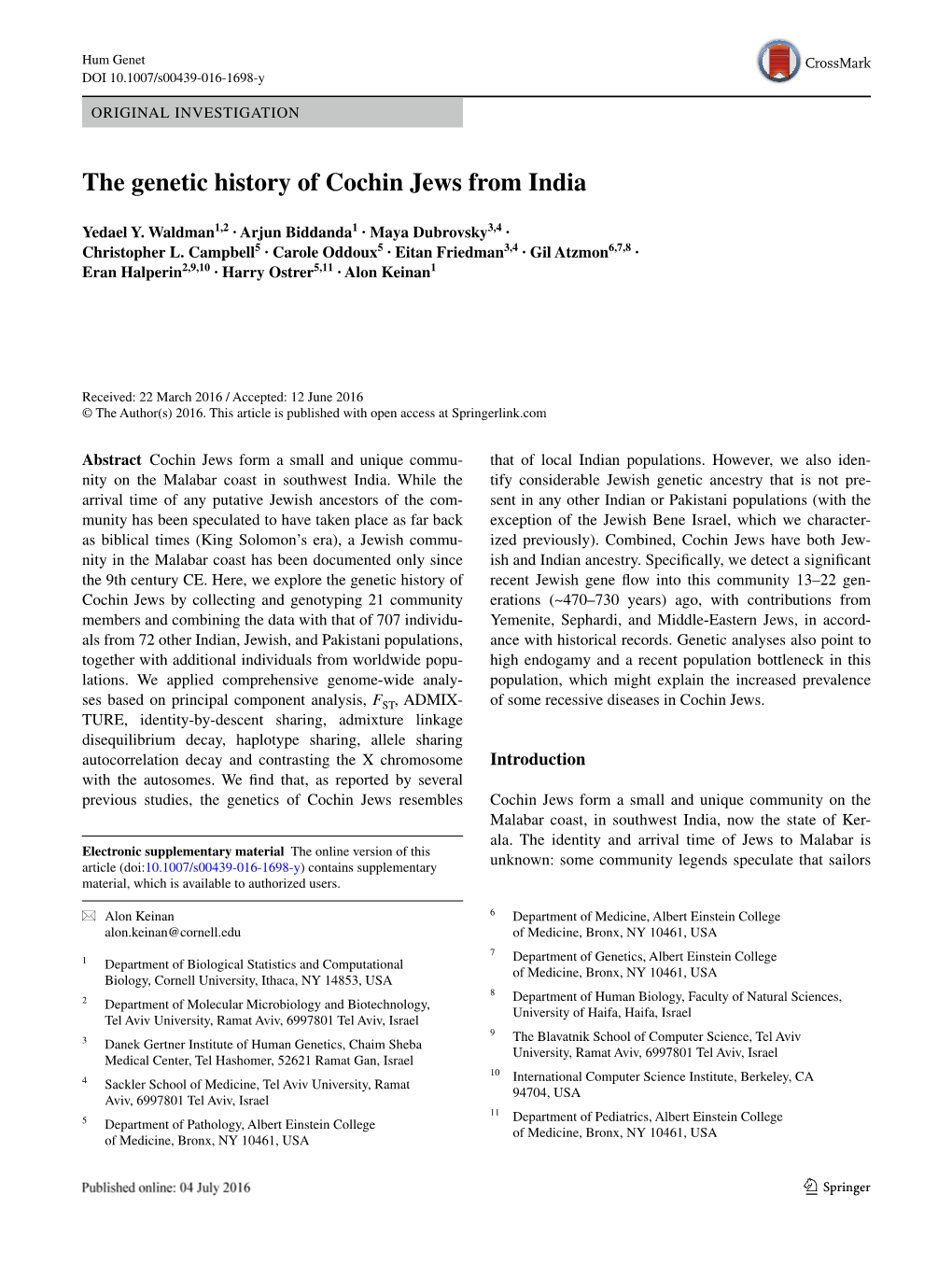 The Genetic History of Cochin Jews from India