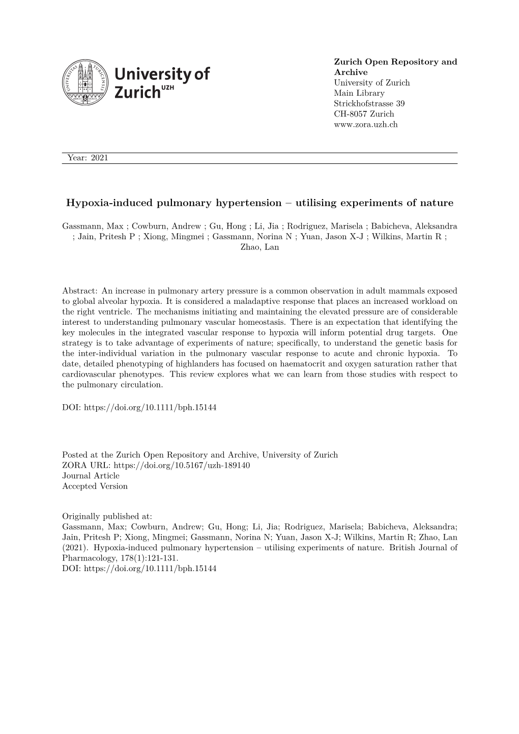 Hypoxia‐Induced Pulmonary Hypertension – Utilising Experiments of Nature