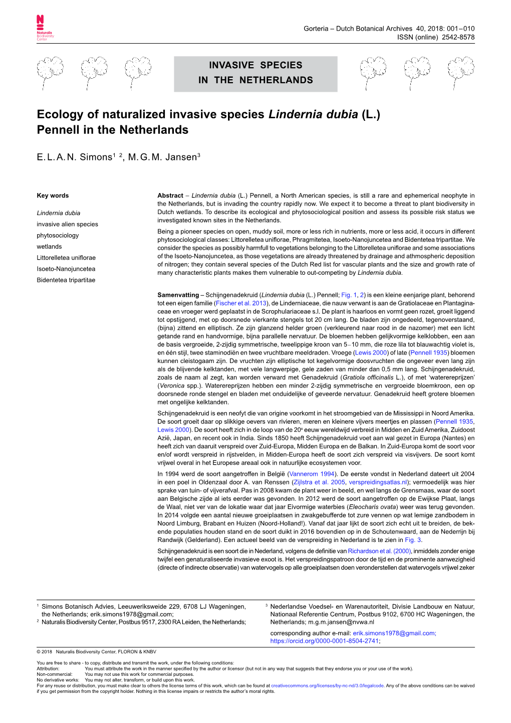 Ecology of Naturalized Invasive Species Lindernia Dubia (L.) Pennell in the Netherlands