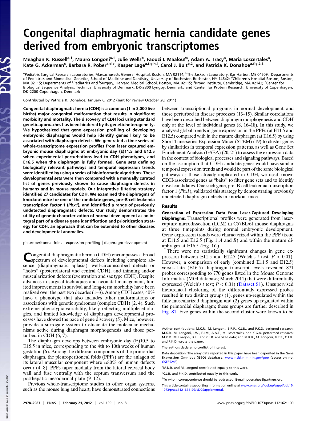 Congenital Diaphragmatic Hernia Candidate Genes Derived from Embryonic Transcriptomes