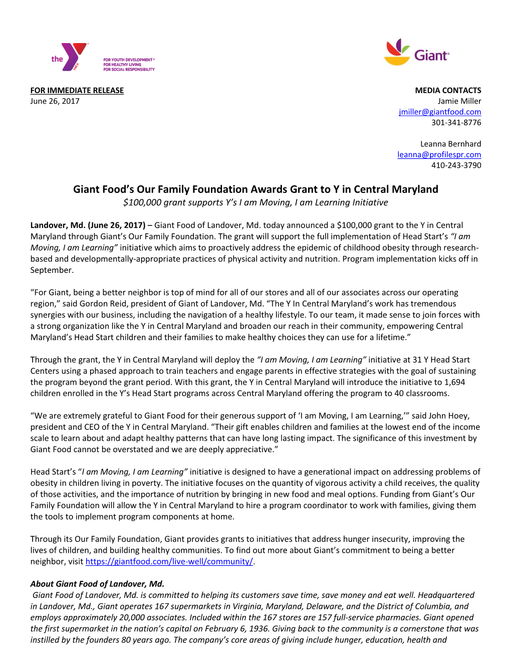 Giant Food's Our Family Foundation Awards Grant to Y in Central