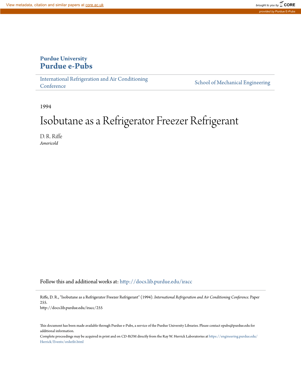 Isobutane As a Refrigerator Freezer Refrigerant D