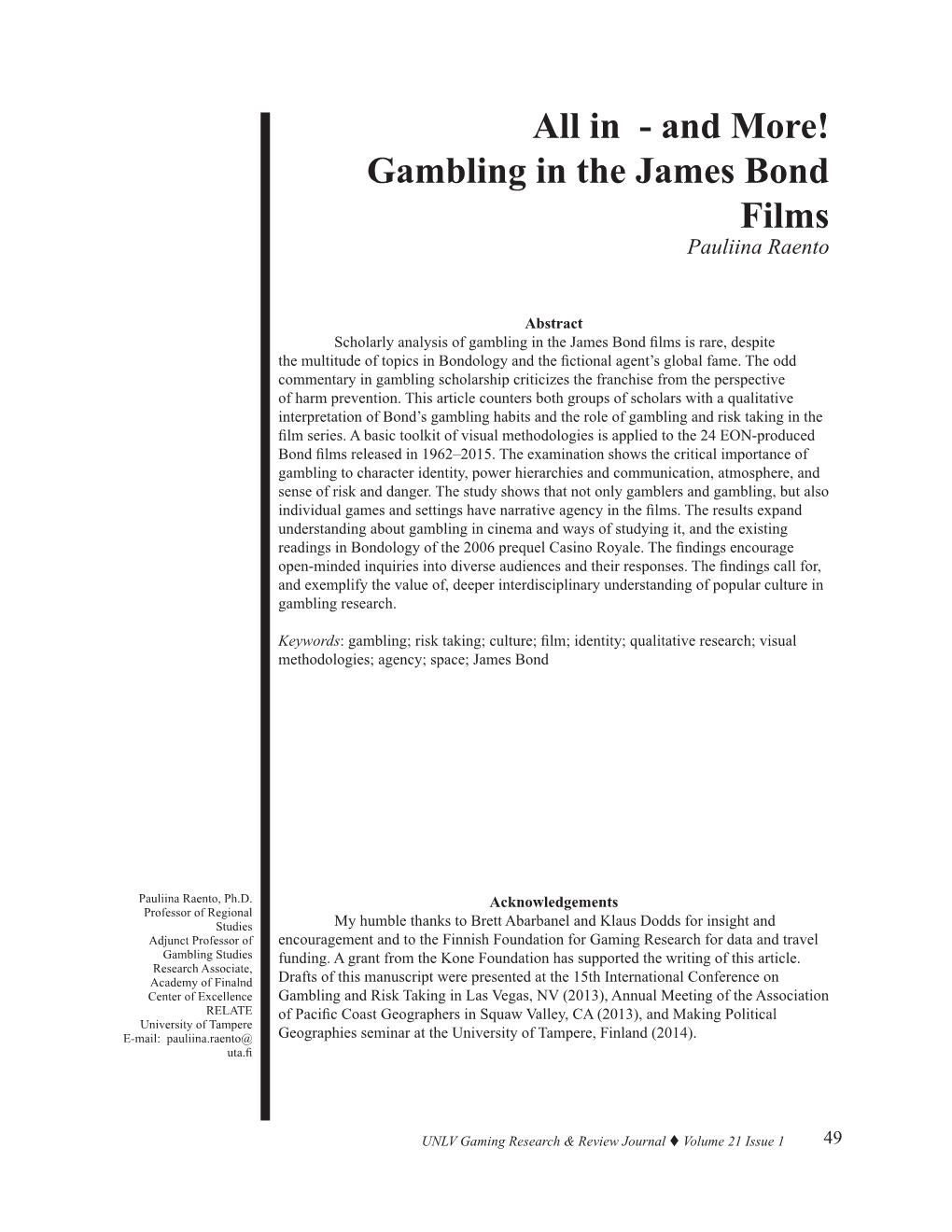 Gambling in the James Bond Films Pauliina Raento