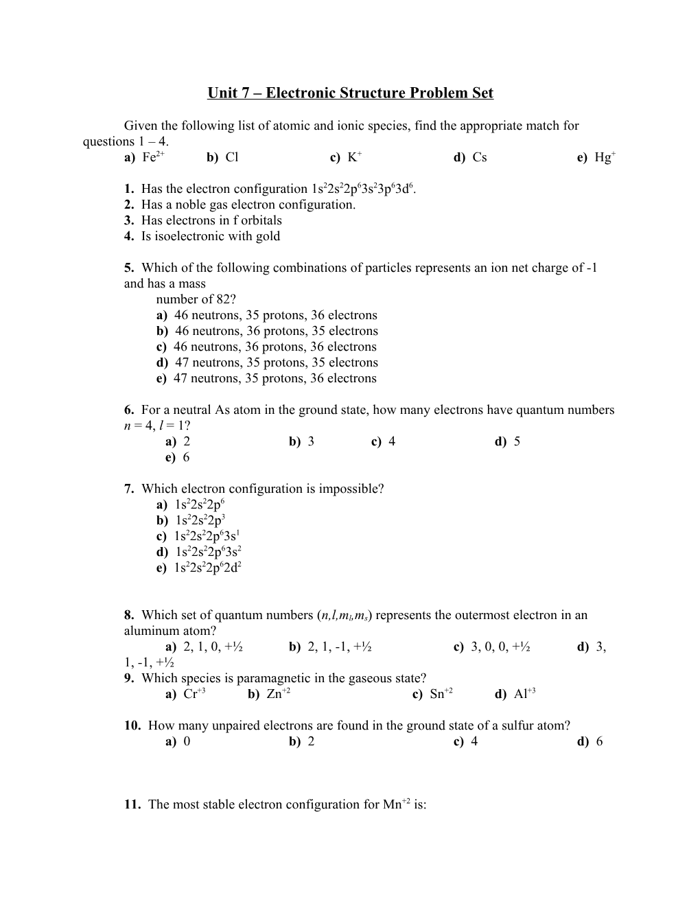 Unit 7 Electronic Structure Problem Set