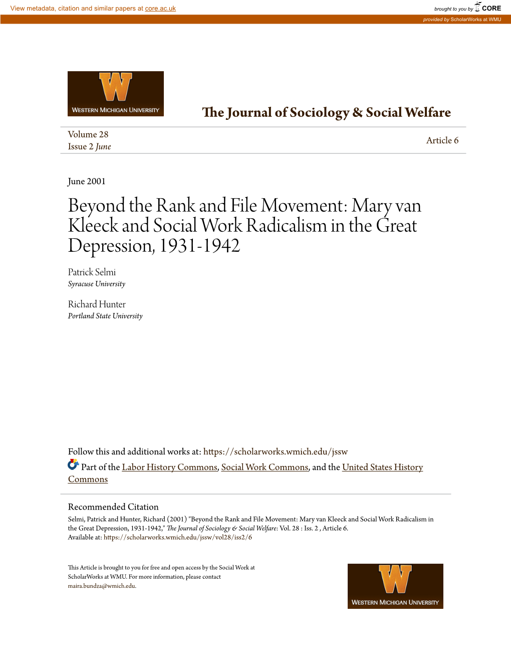 Mary Van Kleeck and Social Work Radicalism in the Great Depression, 1931-1942 Patrick Selmi Syracuse University