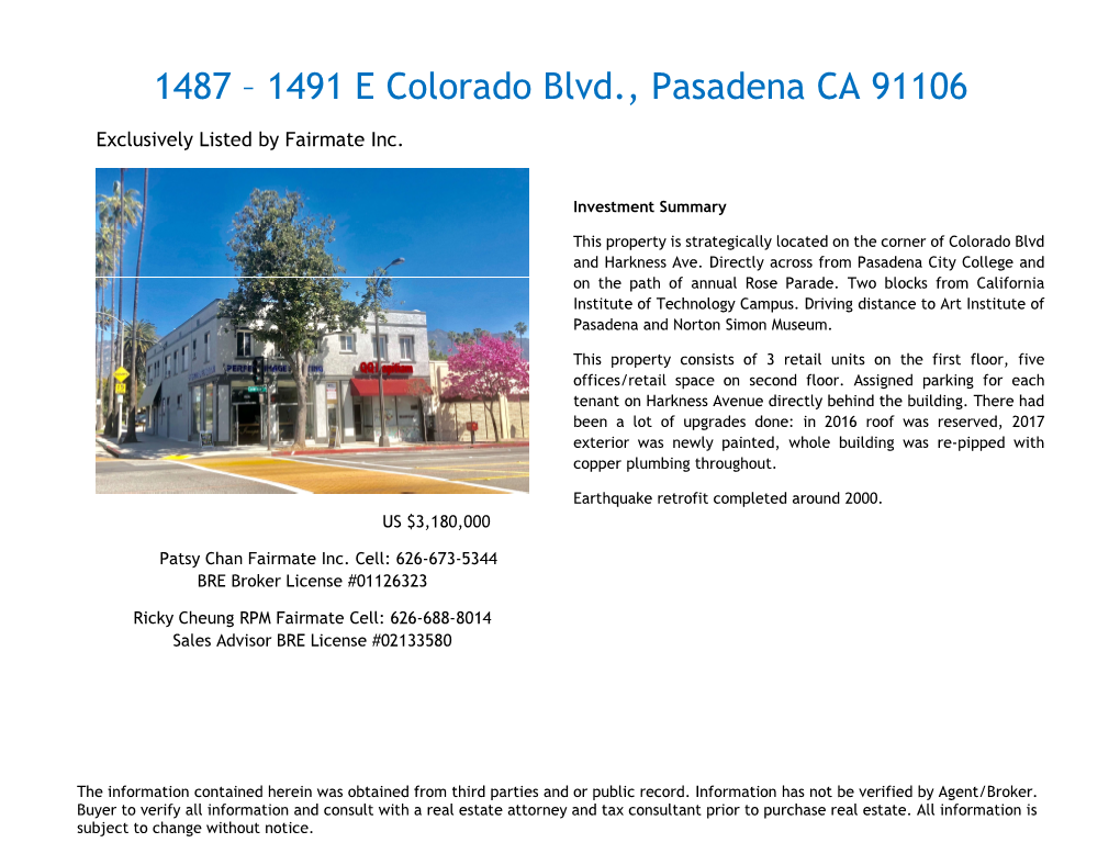 1487 – 1491 E Colorado Blvd., Pasadena CA 91106