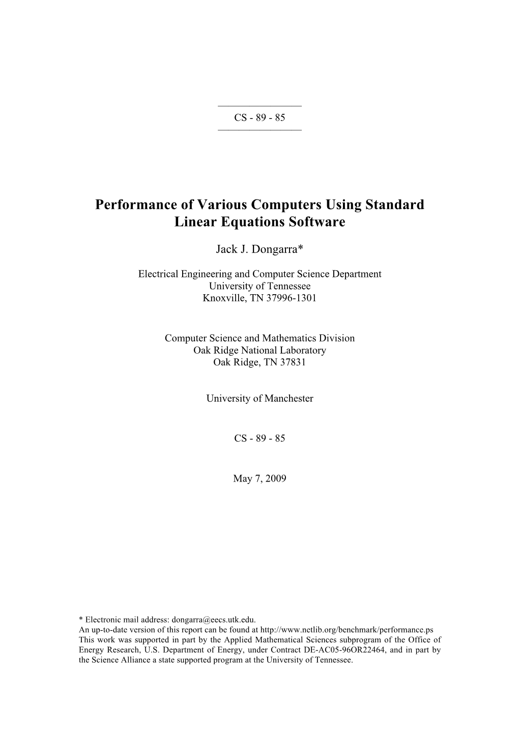 Performance of Various Computers Using Standard Linear Equations Software