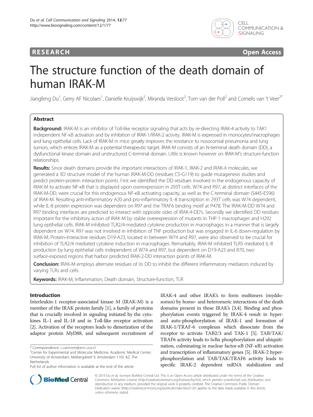 The Structure Function of the Death Domain of Human IRAK-M