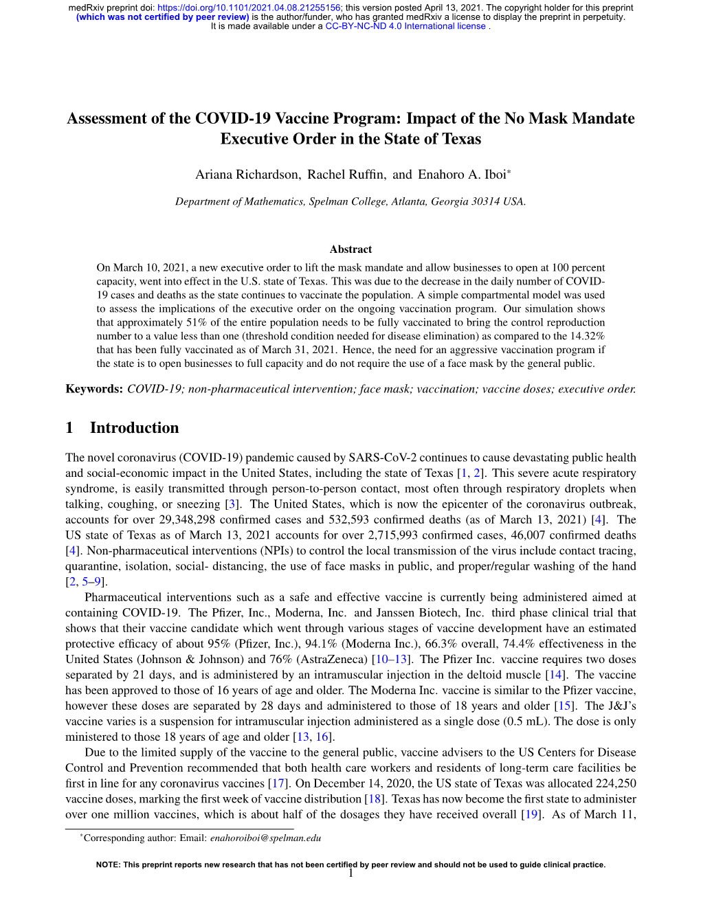 Assessment of the COVID-19 Vaccine Program: Impact of the No Mask Mandate Executive Order in the State of Texas