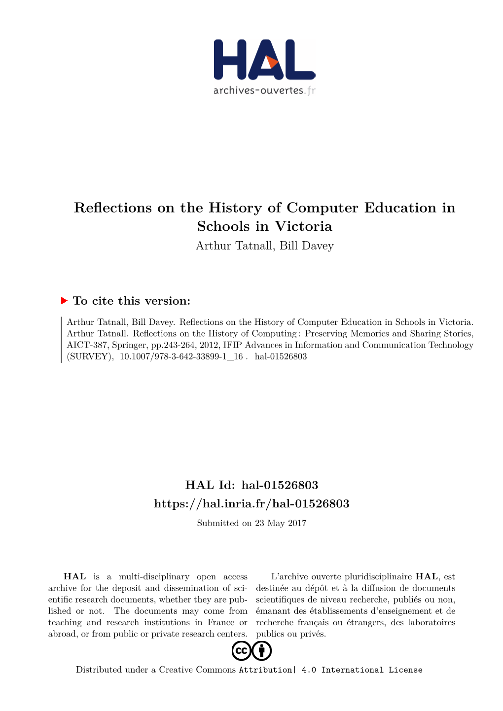 Reflections on the History of Computer Education in Schools in Victoria Arthur Tatnall, Bill Davey