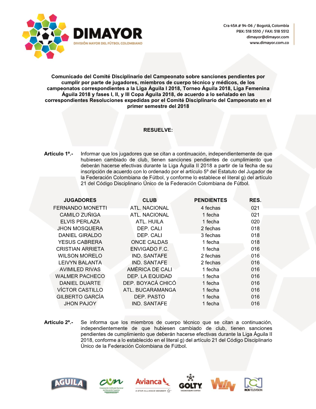 Comunicado Del Comité Disciplinario Del Campeonato Sobre Sanciones