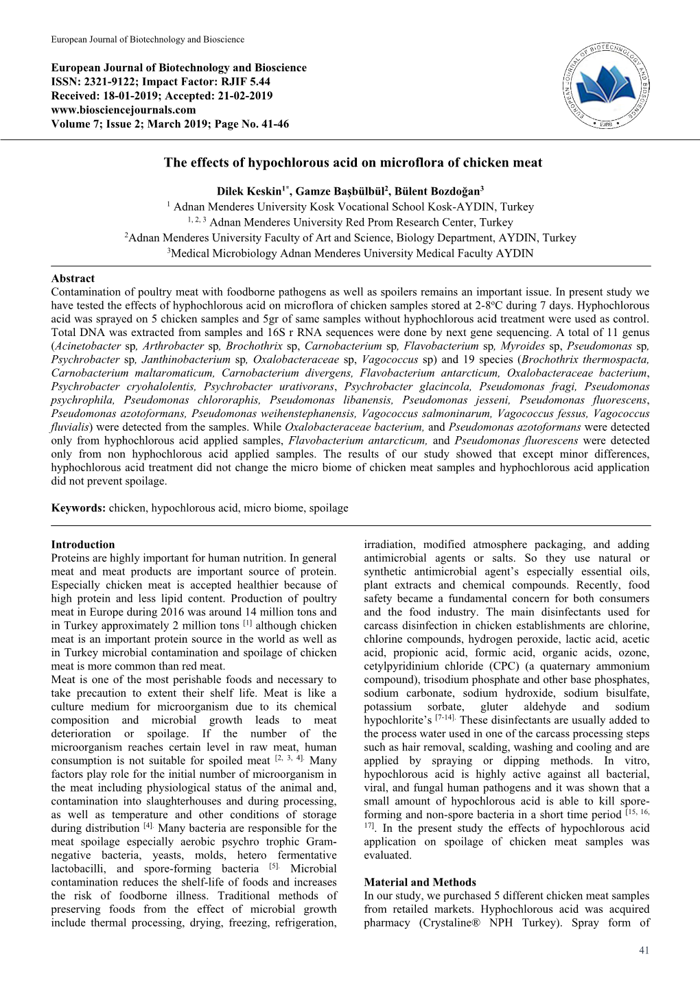 The Effects of Hypochlorous Acid on Microflora of Chicken Meat