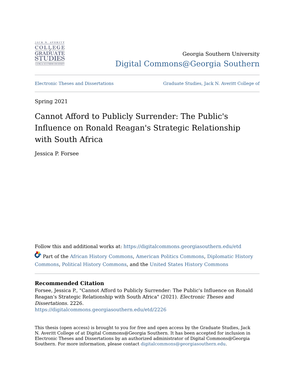 The Public's Influence on Ronald Reagan's Strategic Relationship with South Africa