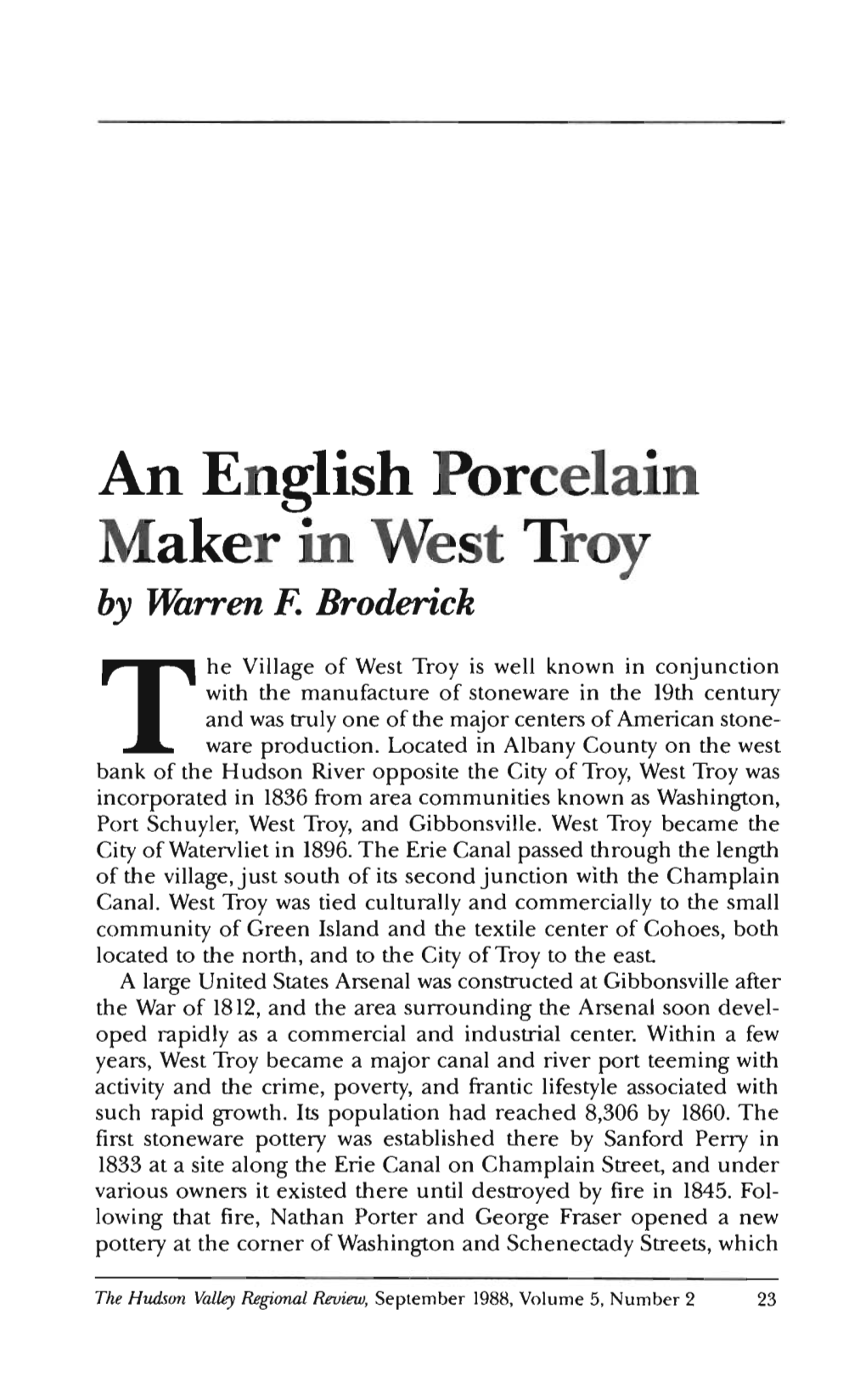 An English Porcelain Maker in West Troy by Warren F