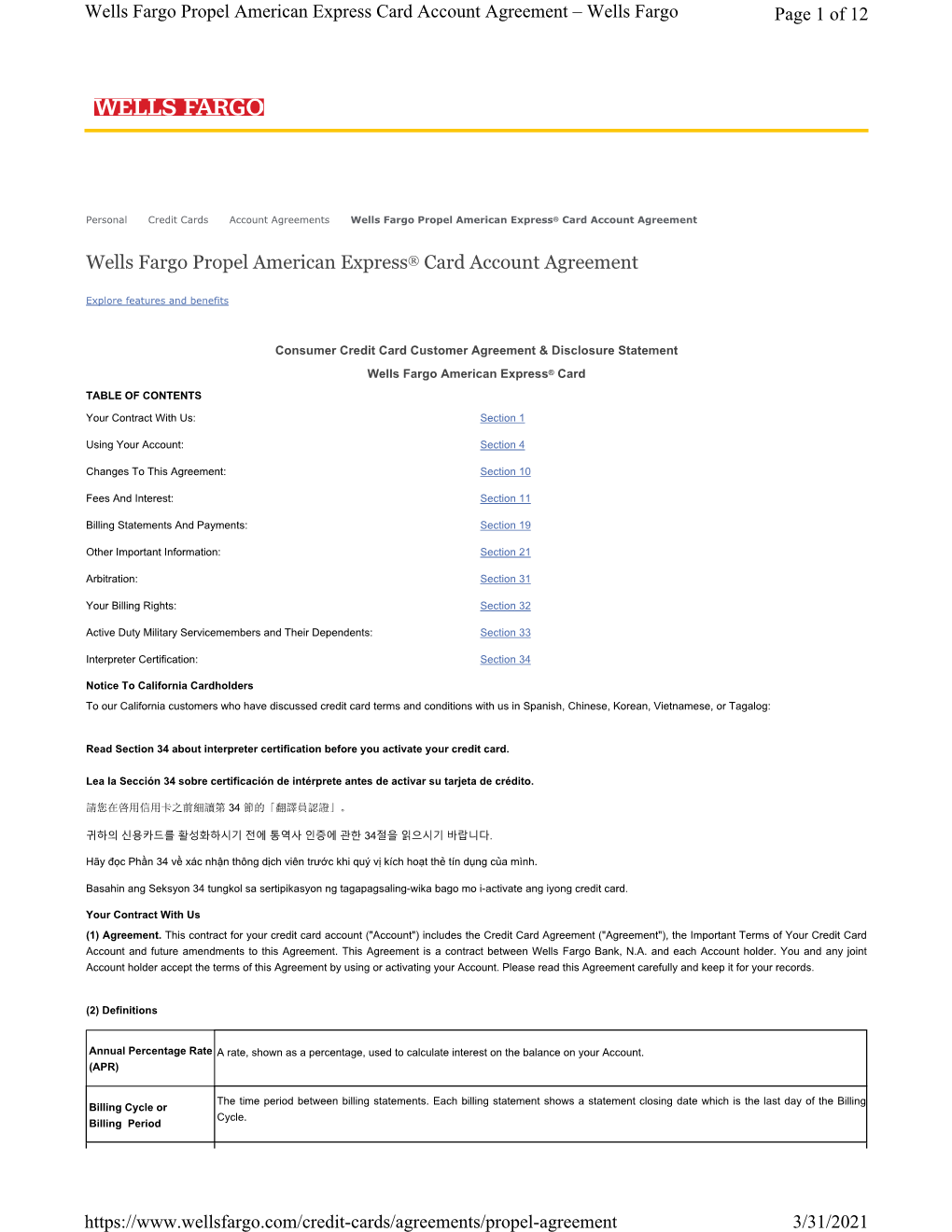 Wells Fargo Propel American Express Card Account Agreement – Wells Fargo Page 1 of 12