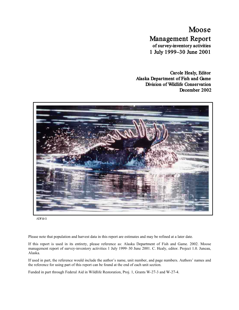 Moose Management Report Alaska Dept of Fish and Game Wildlife