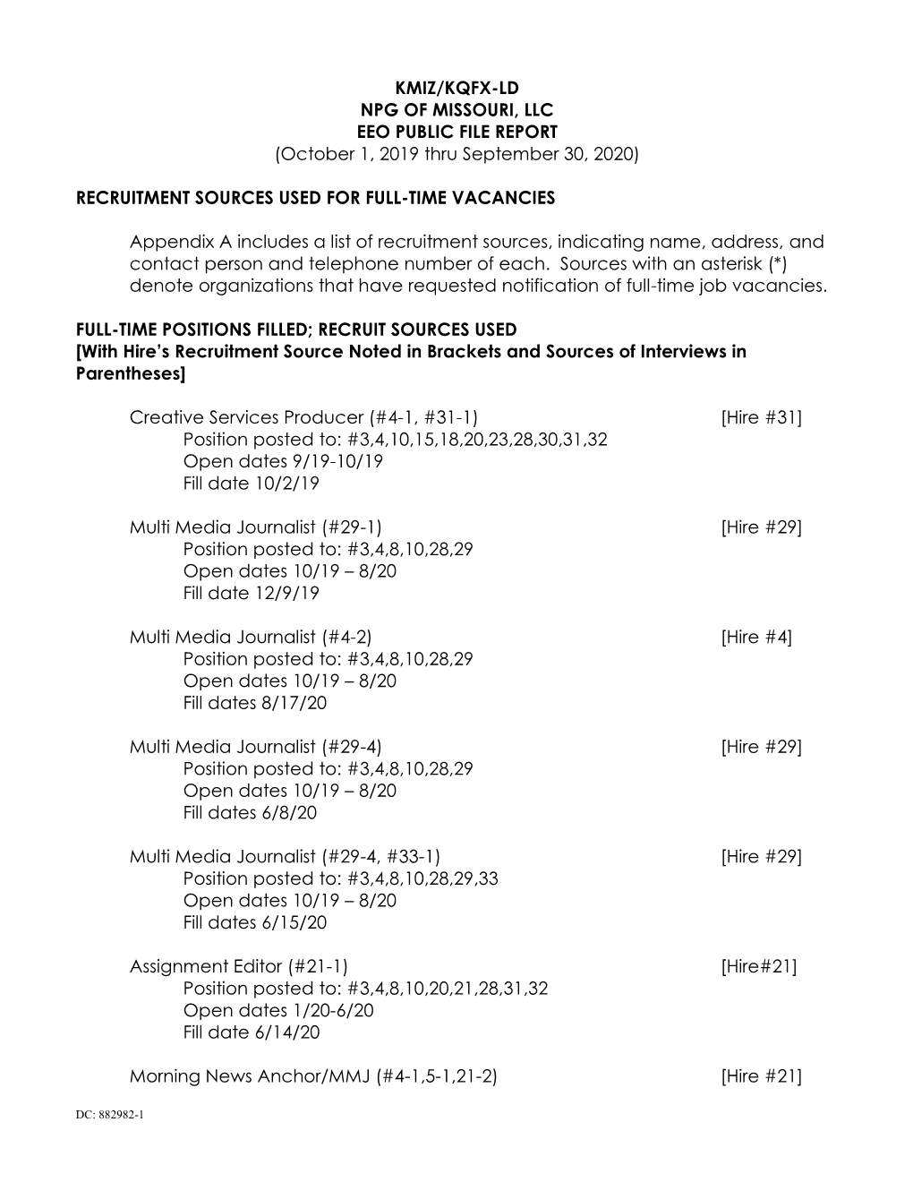 KMIZ/KQFX-LD NPG of MISSOURI, LLC EEO PUBLIC FILE REPORT (October 1, 2019 Thru September 30, 2020)