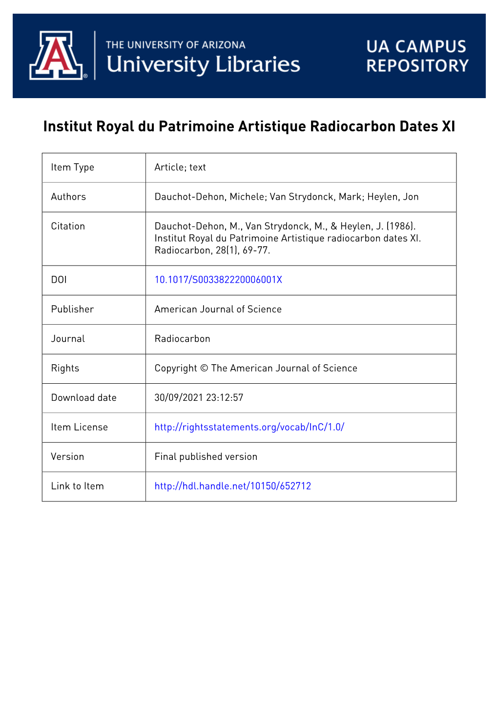Institut Royal Du Patrimoine Artistique Radiocarbon Dates XI