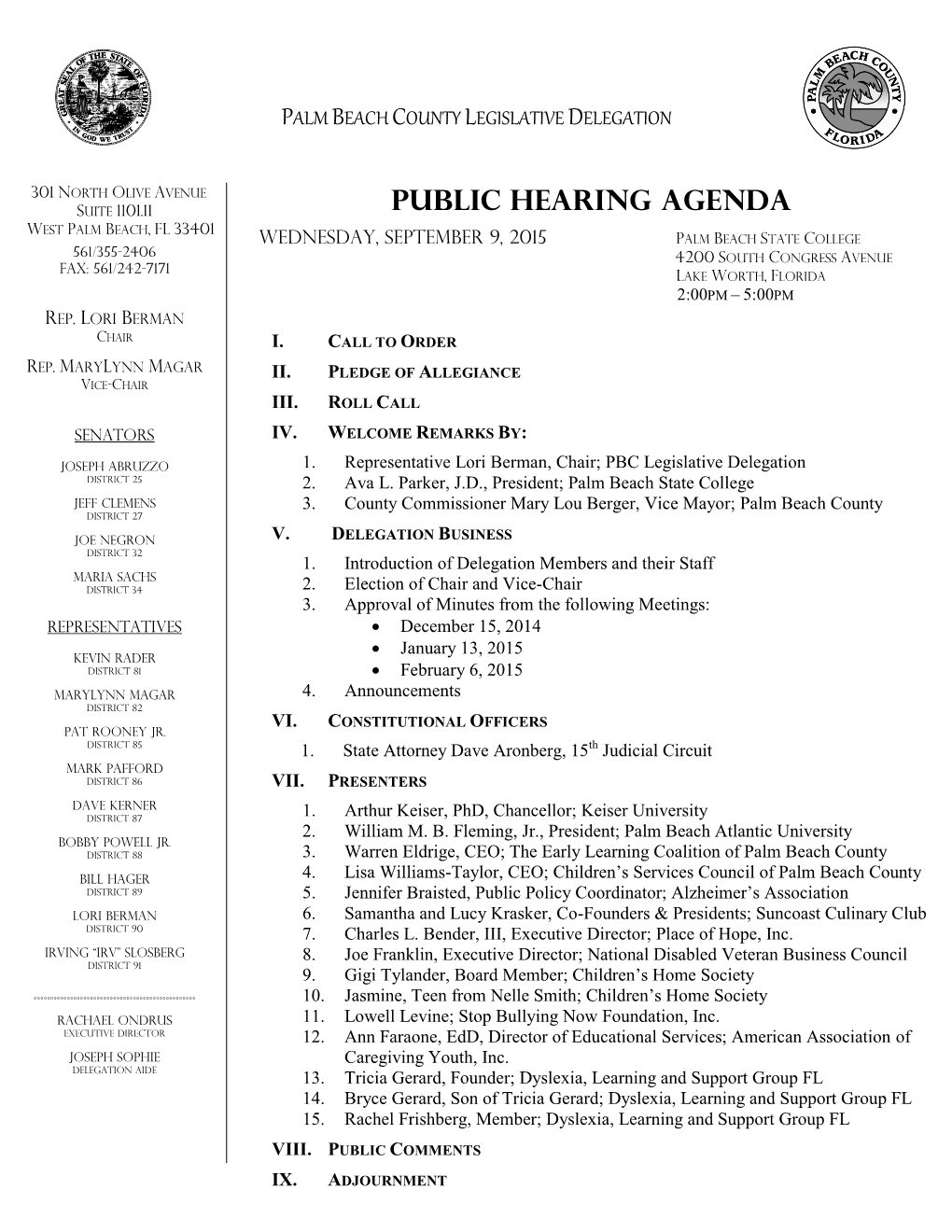 301 NORTH OLIVE AVENUE SUITE 1101.11 Public Hearing Agenda