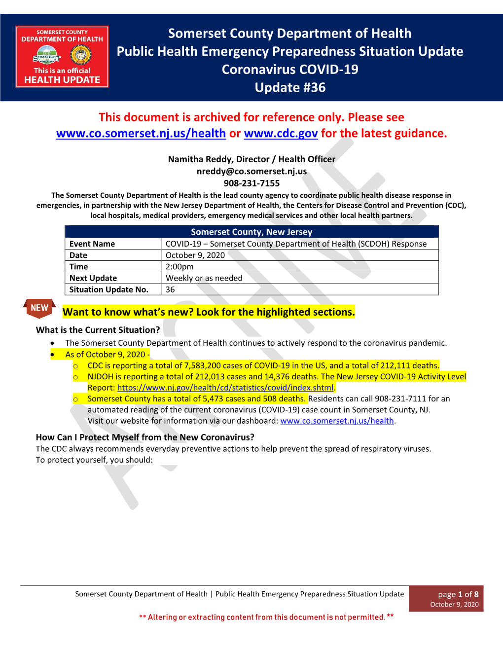 Somerset County Department of Health Public Health Emergency Preparedness Situation Update Coronavirus COVID-19 Update #36