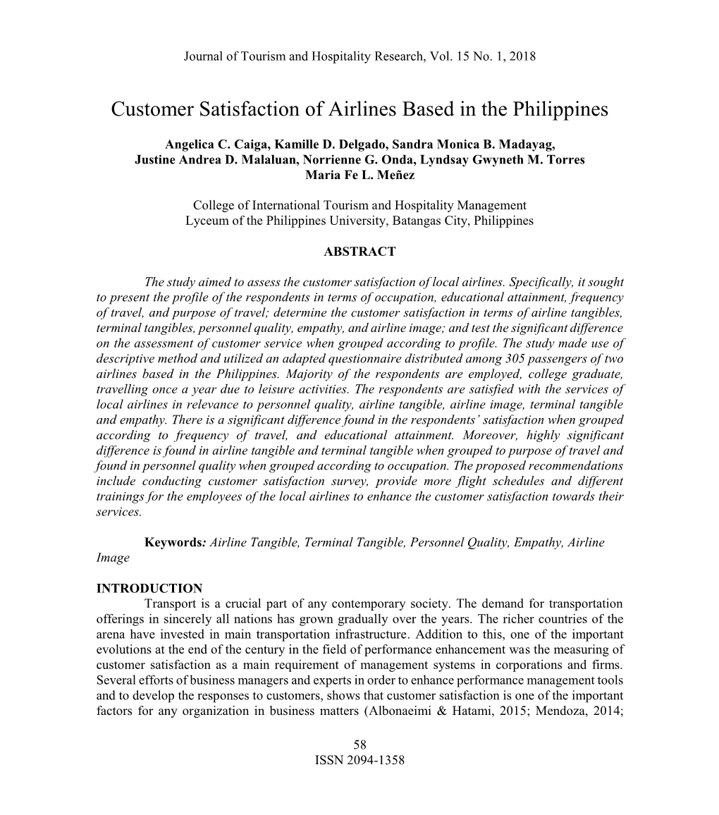Customer Satisfaction of Airlines Based in the Philippines