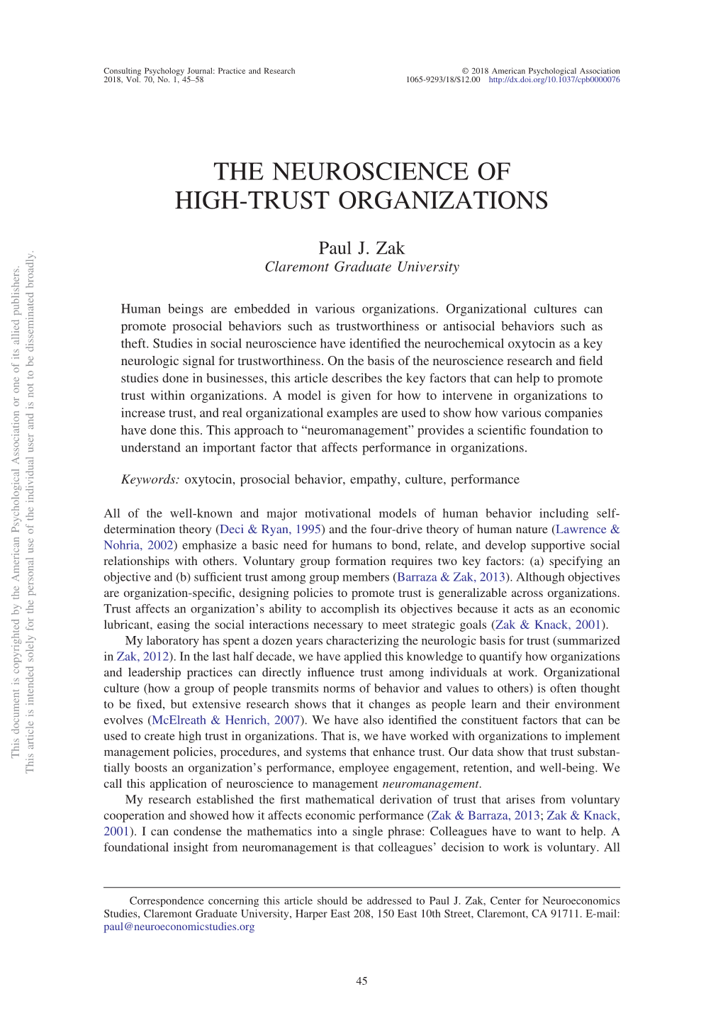 The Neuroscience of High-Trust Organizations