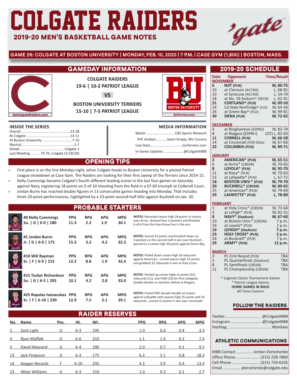 Colgate Raiders 2019-20 Men’S Basketball Game Notes