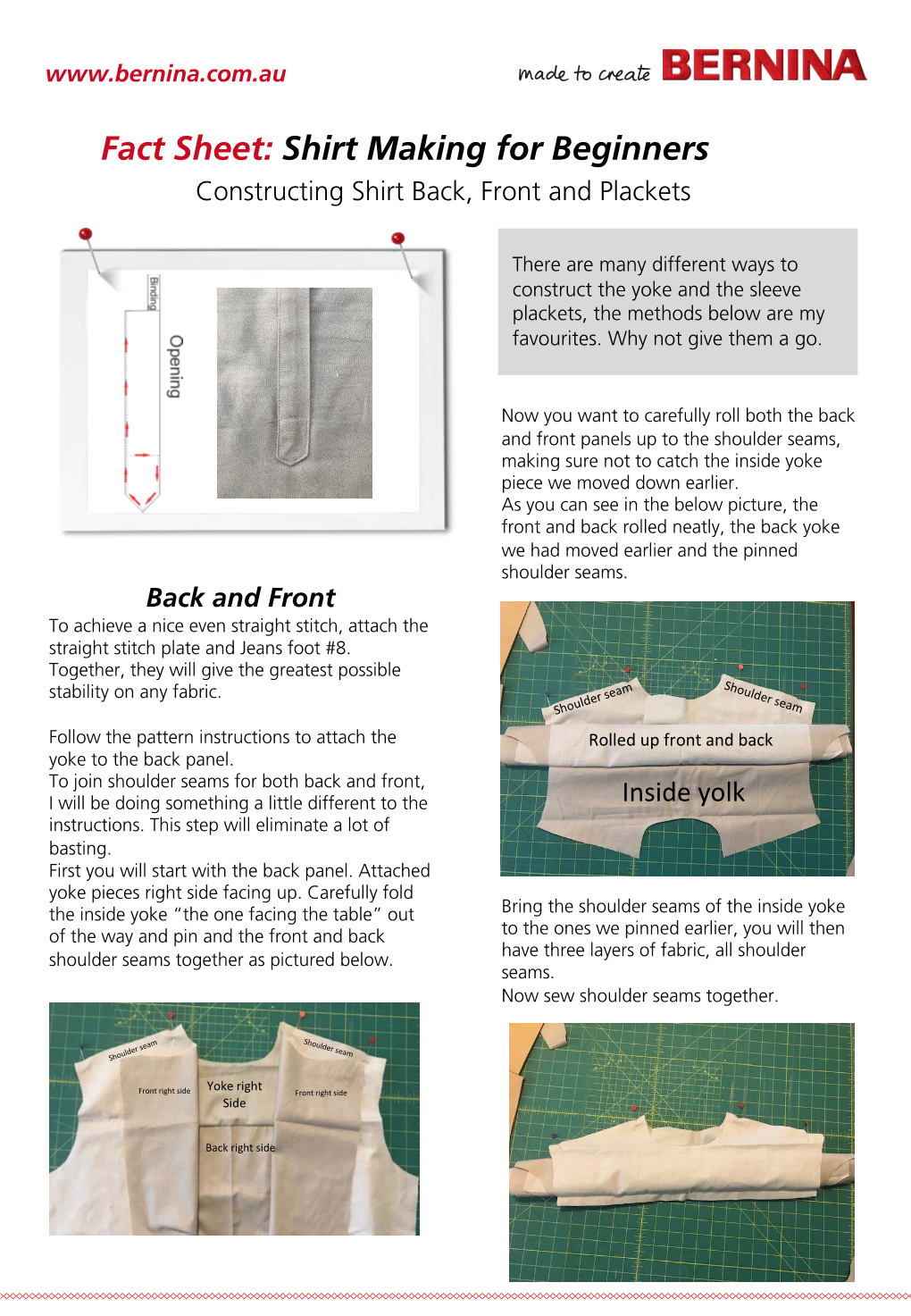 Fact Sheet: Shirt Making for Beginners Constructing Shirt Back, Front and Plackets