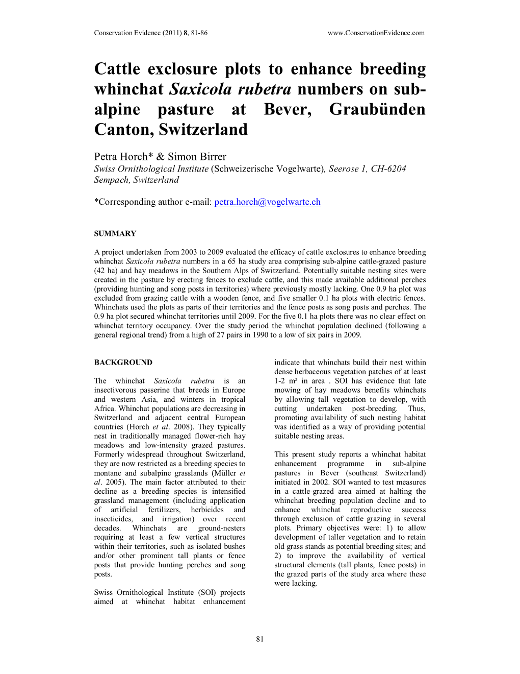 Cattle Exclosure Plots to Enhance Breeding Whinchat Saxicola Rubetra Numbers on Sub- Alpine Pasture at Bever, Graubünden Canton, Switzerland