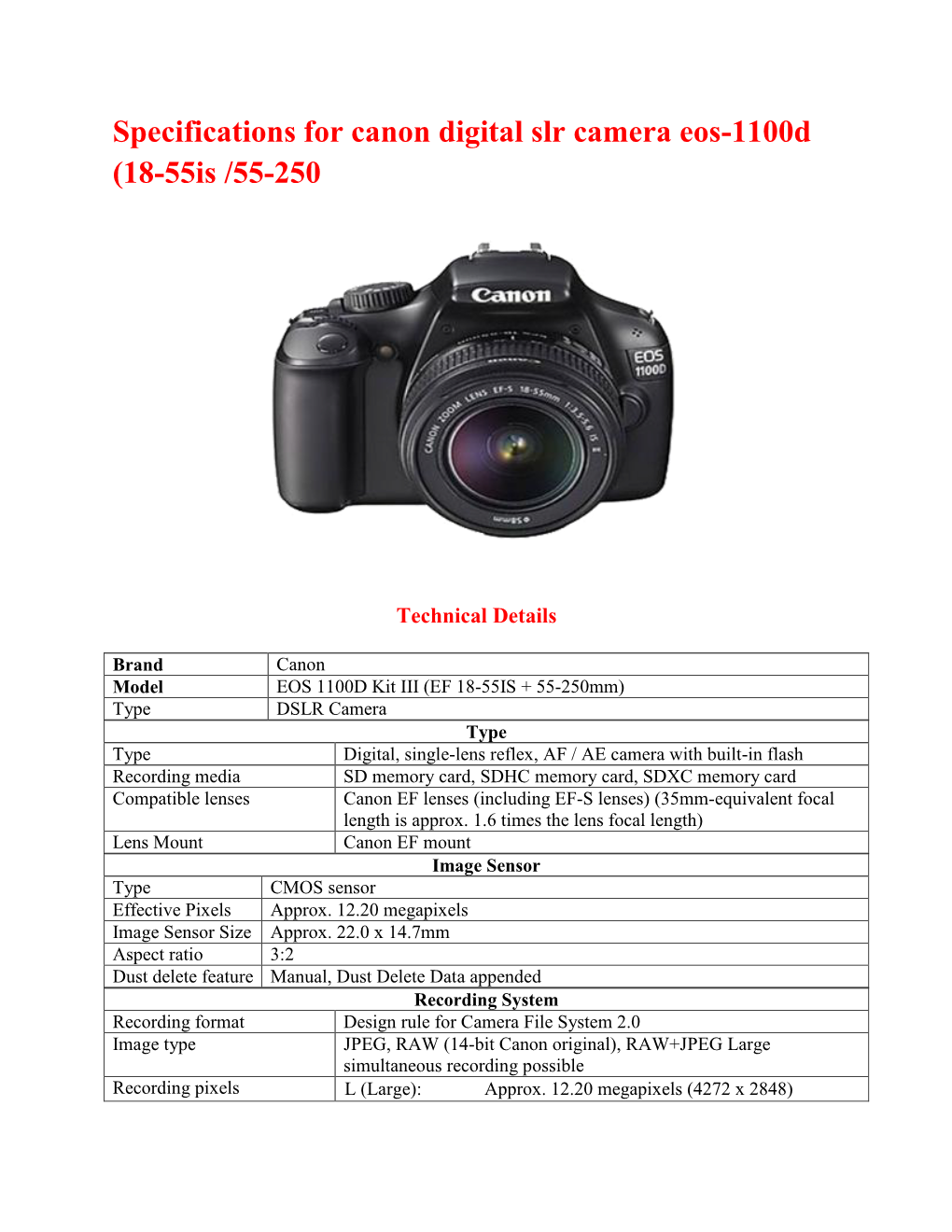 Specifications for Canon Digital Slr Camera Eos-1100D (18-55Is /55-250